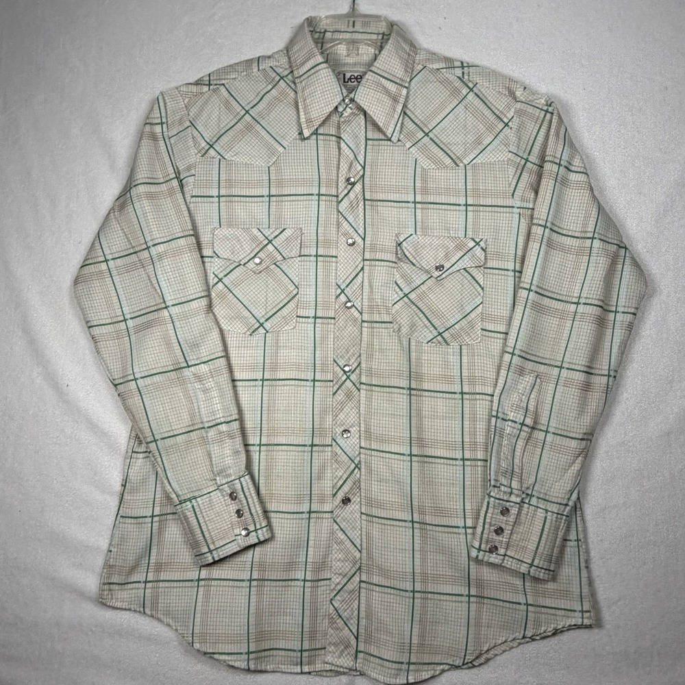 Lee Western Mens‎ Shirt Size XL Vintage 80s Snap Pearl Plaid Made USA Western